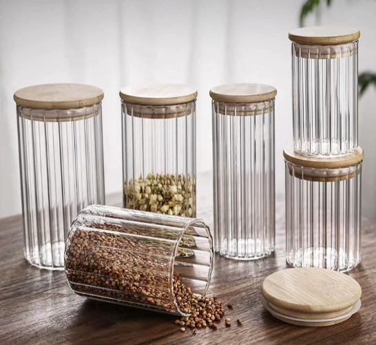 Bamboo lid striped high borosilicate storage