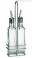 Glass oil bottle with metal stand