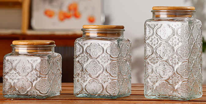 Embossed storage jar with bamboo lid