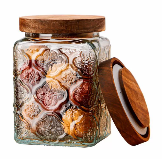 Embossed storage jar with bamboo lid